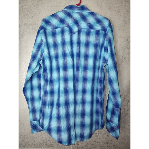 Rock & Roll Cowboy Snap Button Blue Plaid Long Sleeve Shirt Sz L - Picture 2 of 3